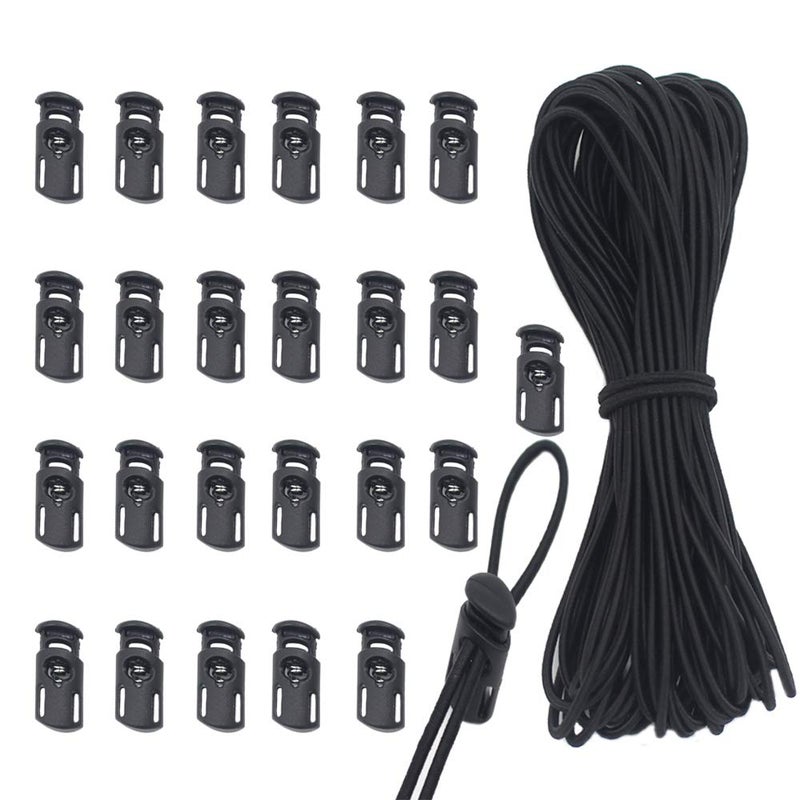 YaHoGa 25 pcs Cord Locks Spring Toggle Stopper + 10 Yards 1/8 Inch Cord Stretch String for Drawstring, Shoelaces, Clothing, Backpack, Bags (Black) - Image 1